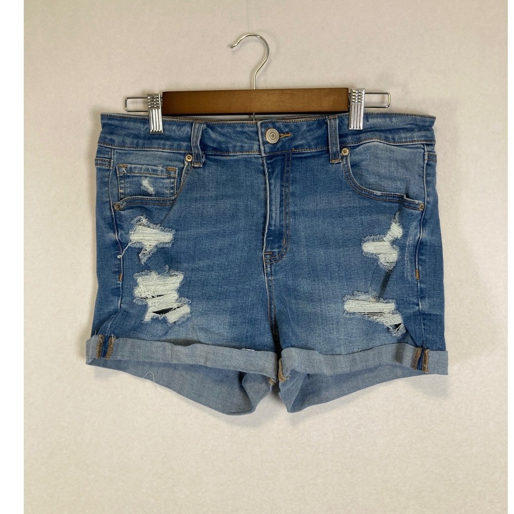 Distressed Aeropostale Women 12 Blue High Rise Midi Cuffed Denim Jean Shorts